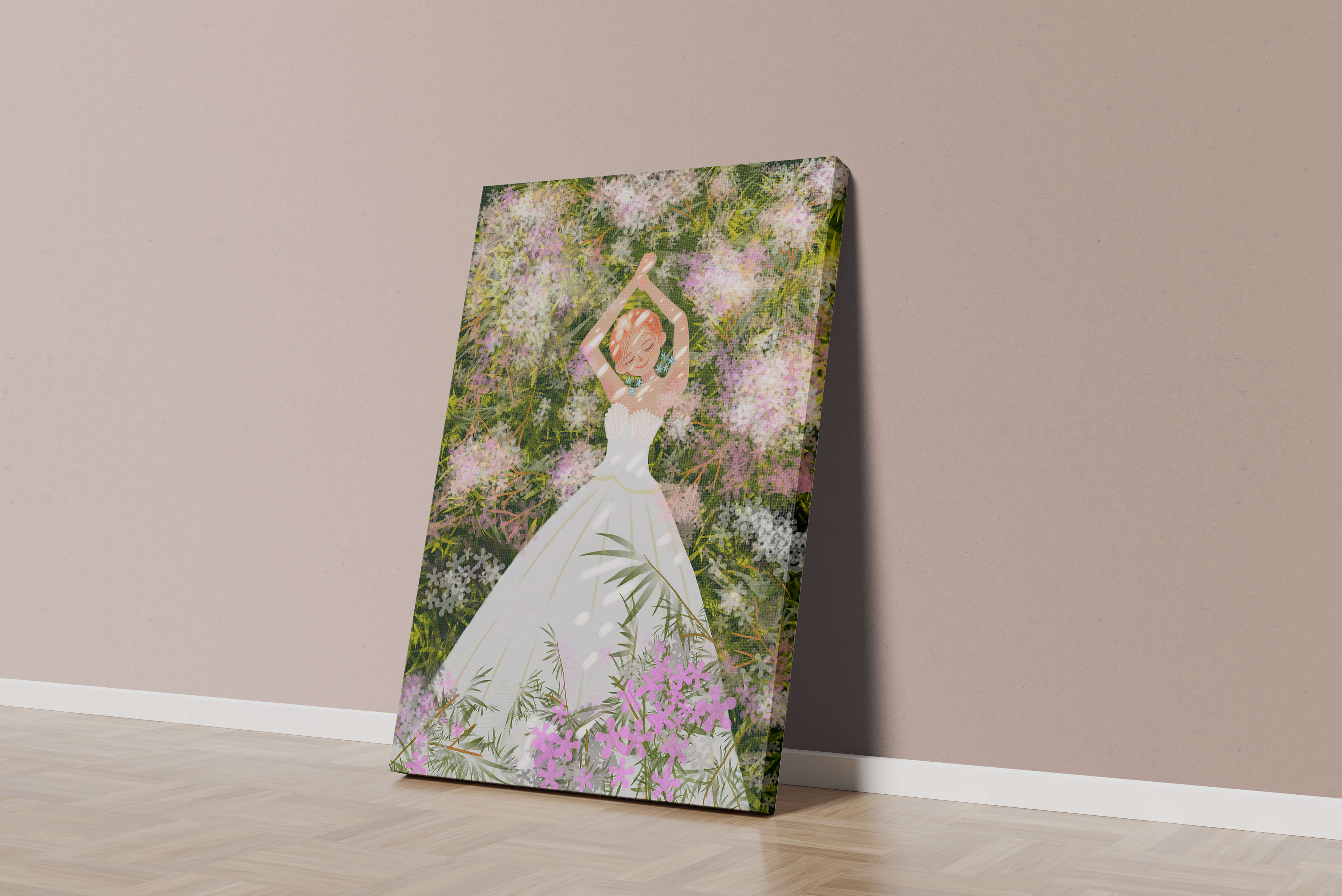 Woman in white dress lying among flowers in a garden