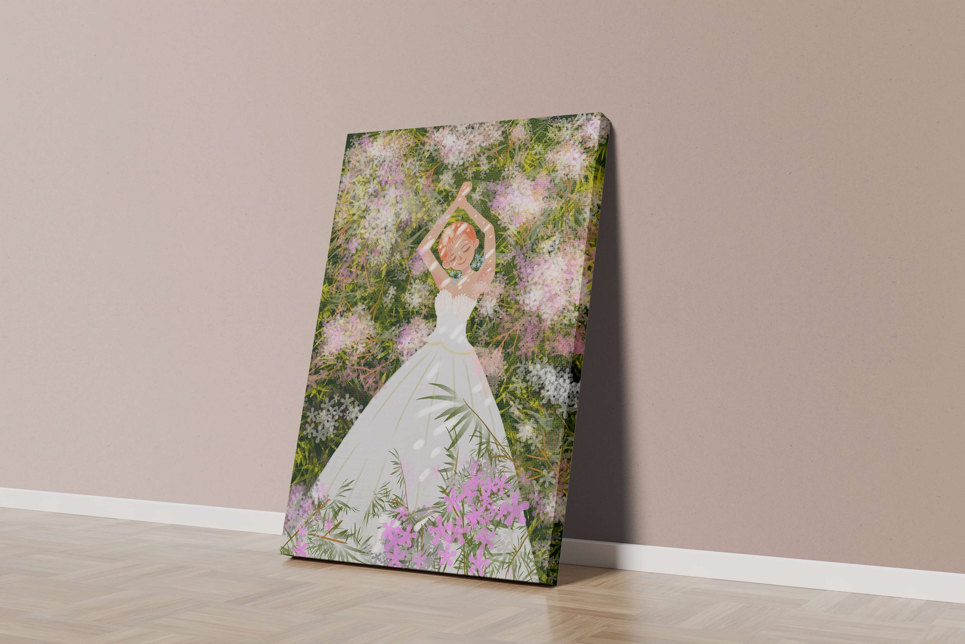 Woman in white dress lying among flowers in a garden