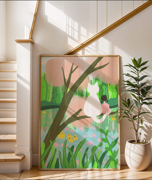 Encantadora ilustración al pastel de una niña y un gato junto a un estanque tranquilo