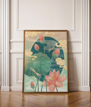 Ruhiges orientalisches Lotus-Design mit Libellen und Wolken