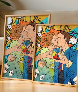 Ilustración de estilo pop art romántico de una pareja besándose con elementos cómicos