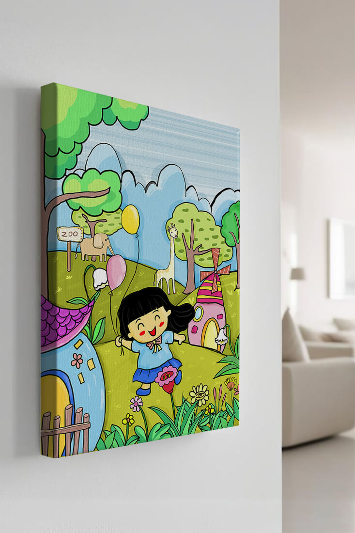 Colorful children's illustration of a joyful zoo visit with animals