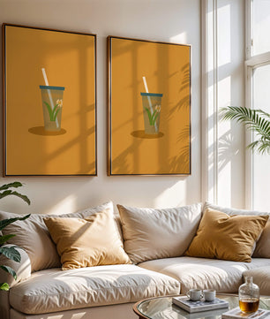 Illustration of a Drink with Botanical Element and Straw on Orange Background - Mi tienda