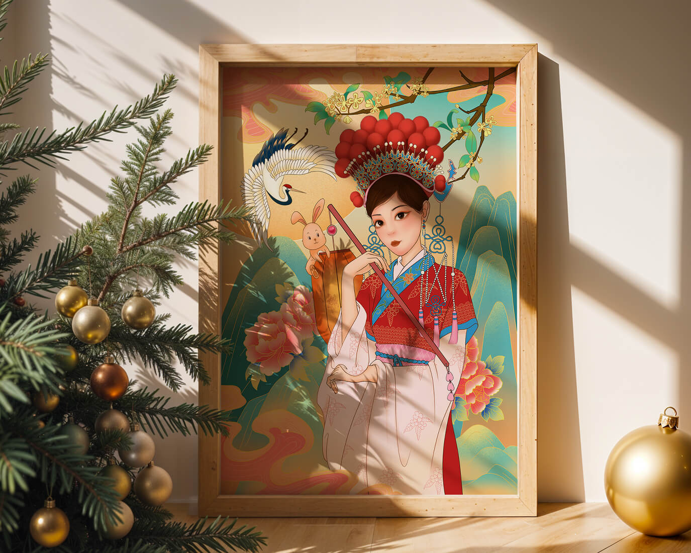 Elegant traditional Chinese illustration featuring a woman in vibrant attire with floral and animal motifs