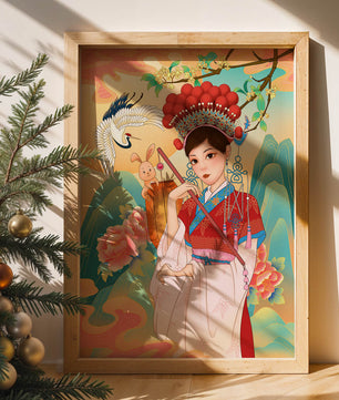 Elegante traditionelle chinesische Illustration mit einer Frau in lebendiger Kleidung mit Blumen- und Tiermotiven