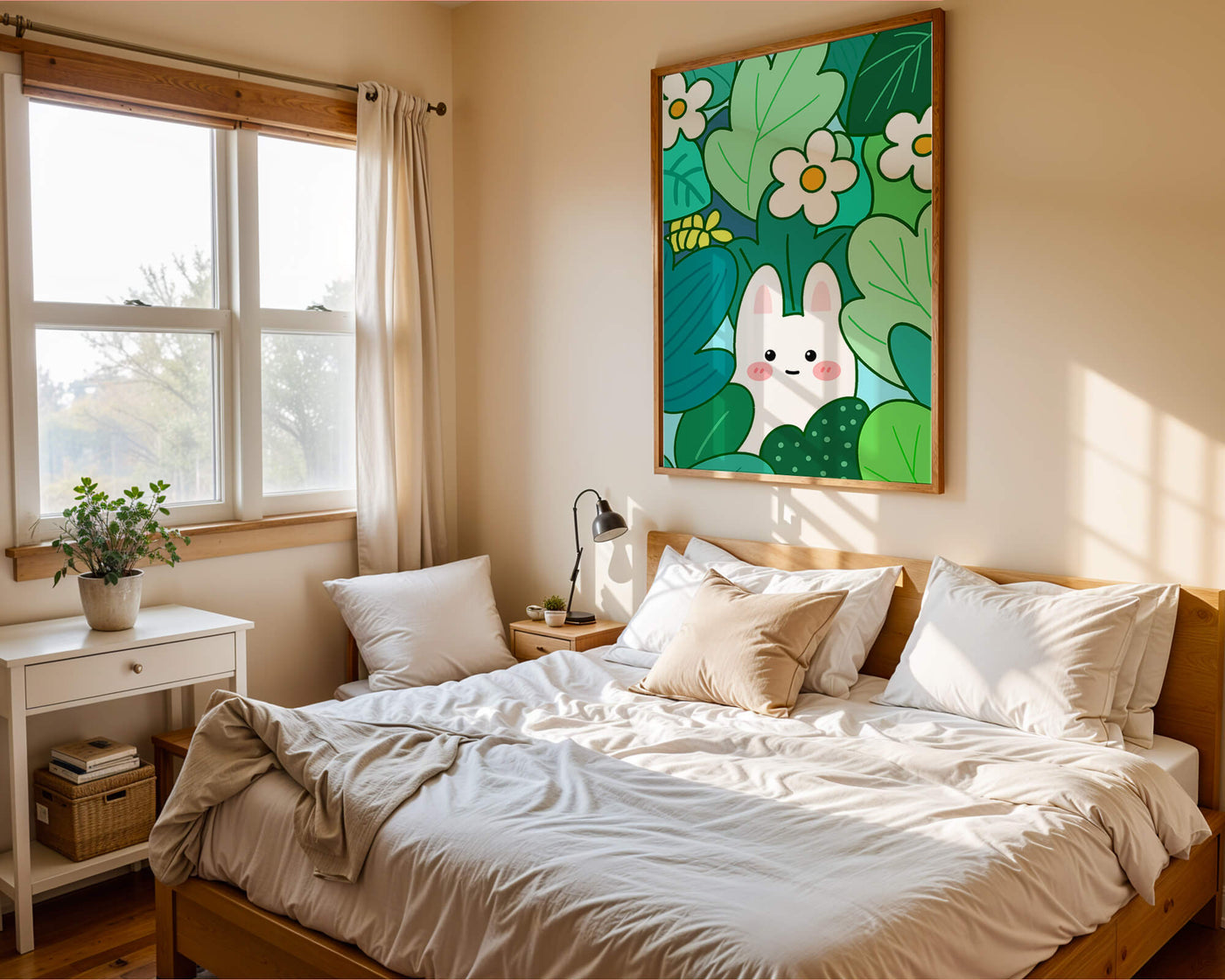 Illustration of a cute rabbit hidden among flowers and greenery