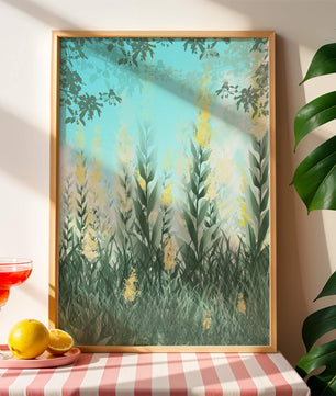 Serene Garden with Tall Green Leaves and Yellow Flowers Under Blue Sky