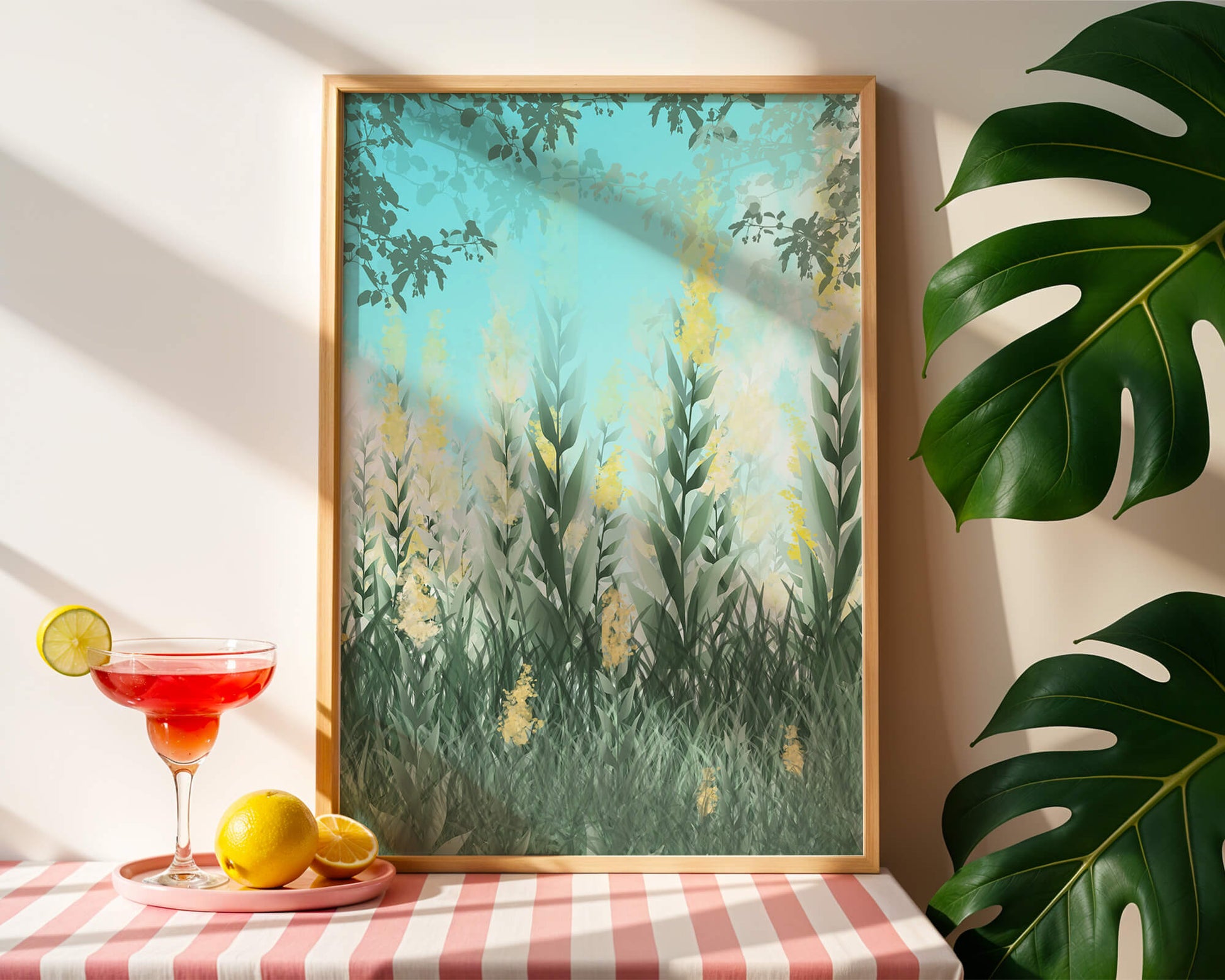 Jardín sereno con hojas verdes altas y flores amarillas bajo el cielo azul