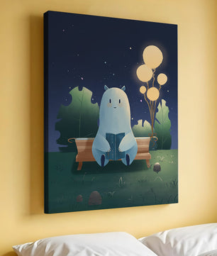 Ilustración nocturna acogedora con una criatura leyendo bajo un cielo estrellado