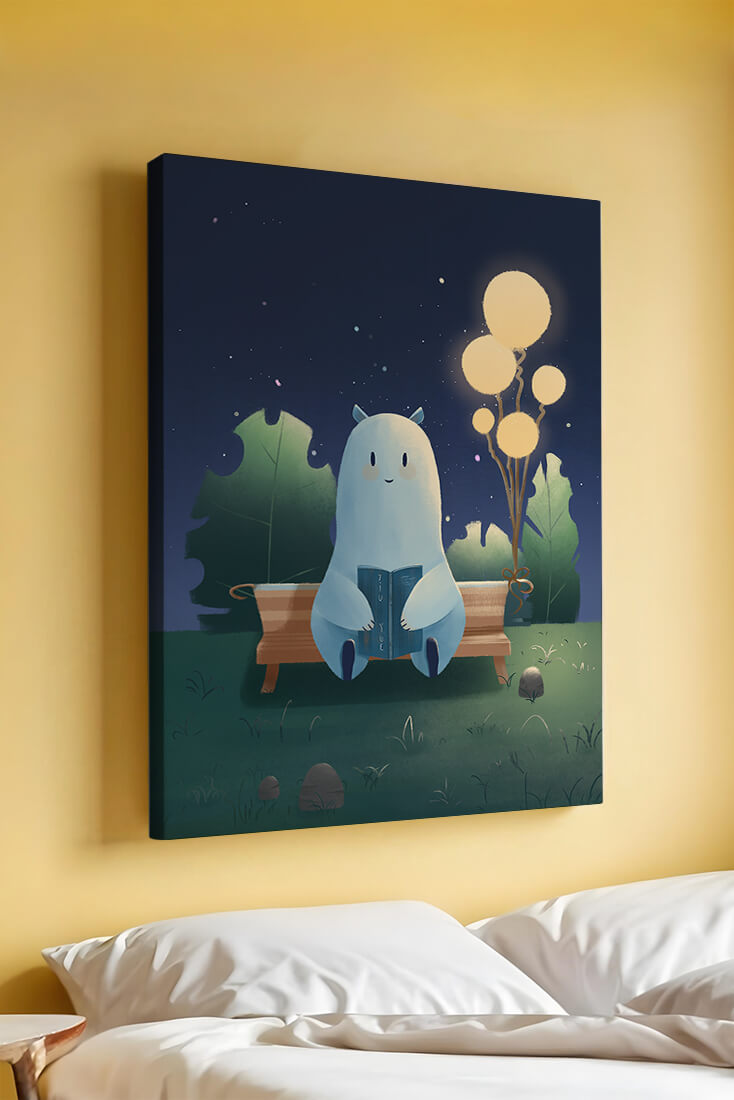 Cozy nighttime illustration with a creature reading under starry sky