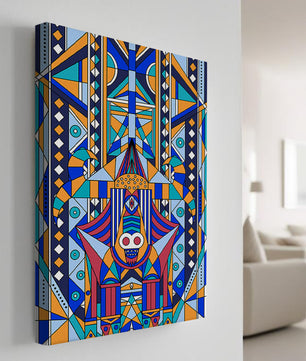Arte tribal abstracto geométrico con patrones simétricos en azul y naranja
