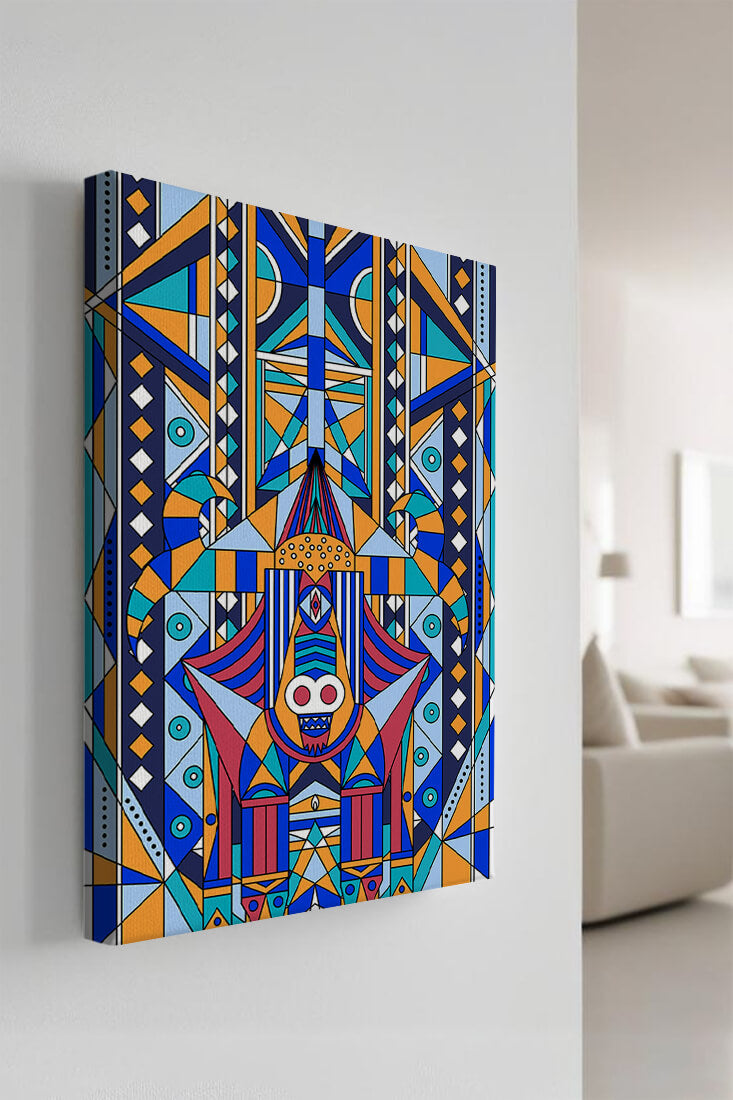 Arte tribal abstracto geométrico con patrones simétricos en azul y naranja
