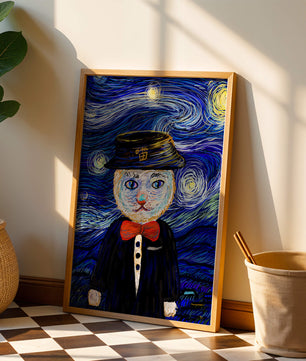 Whimsical cat character against starry night sky background