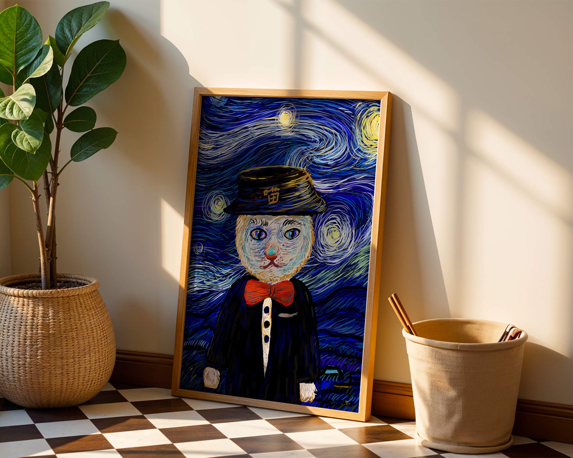 Whimsical cat character against starry night sky background