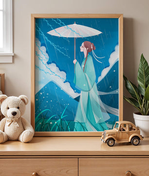 Porträt einer Frau mit Regenschirm in einer verregneten Berglandschaft