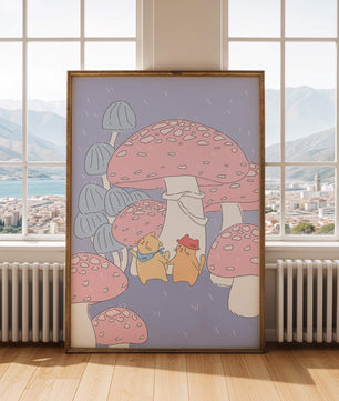 Encantadora ilustración de gatos entre hongos caprichosos