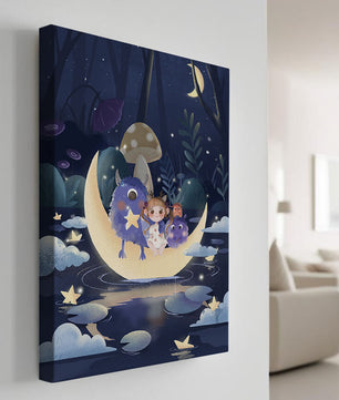 Escena nocturna onírica con un niño y monstruos amigables sobre una luna creciente