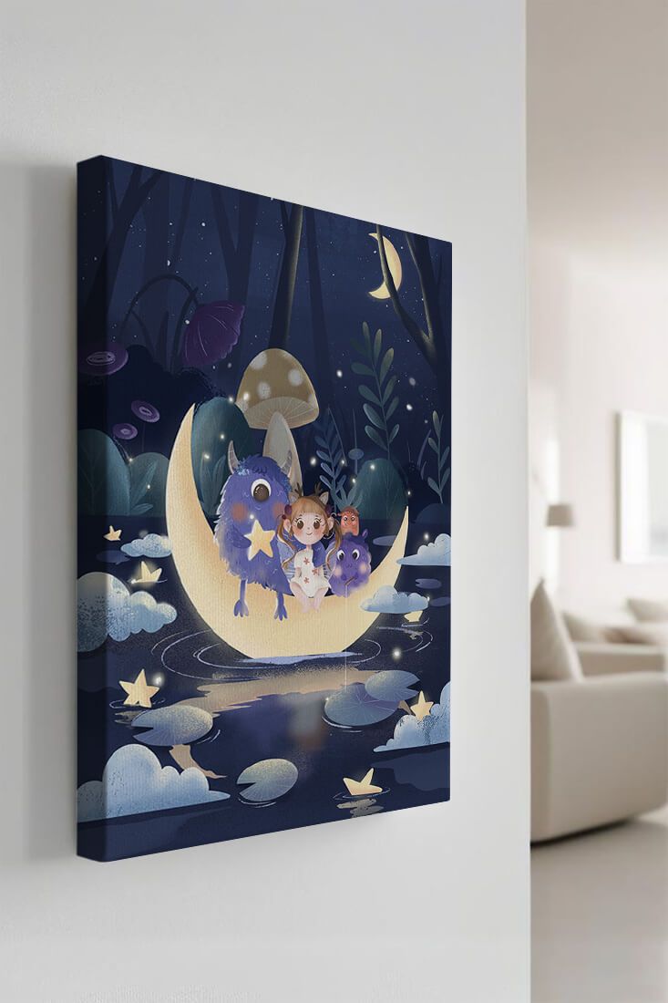 Dreamy night scene with a child and friendly monsters on a crescent moon