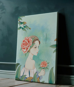 Ilustración de una mujer con una flor y texto que dice "Hola, julio"
