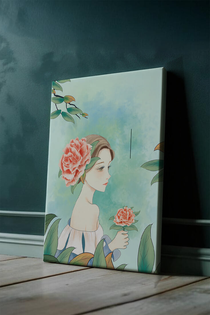 Illustration of a woman with a flower and text saying "Hello, July"