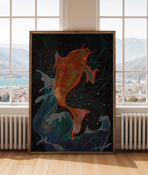 Koi Fish with Abstract Waves in Vibrant Colors
