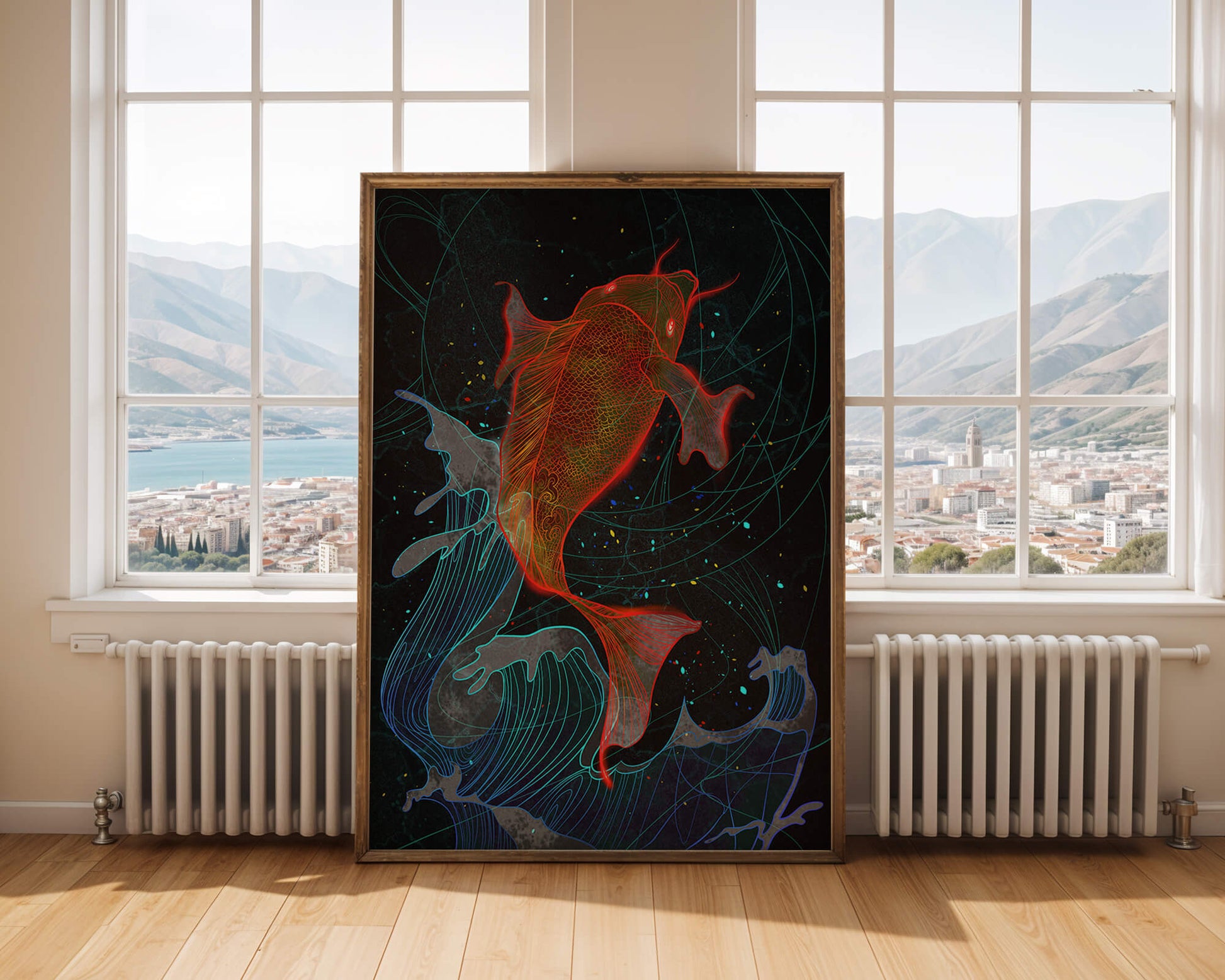 Koi Fish with Abstract Waves in Vibrant Colors