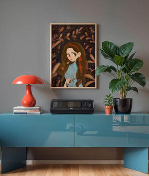 Ilustración elegante de una chica rodeada de follaje abstracto