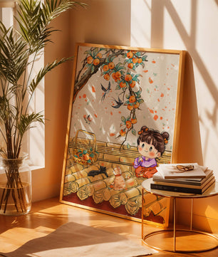 Charming illustration of a child with cats on a rooftop beneath a fruit tree