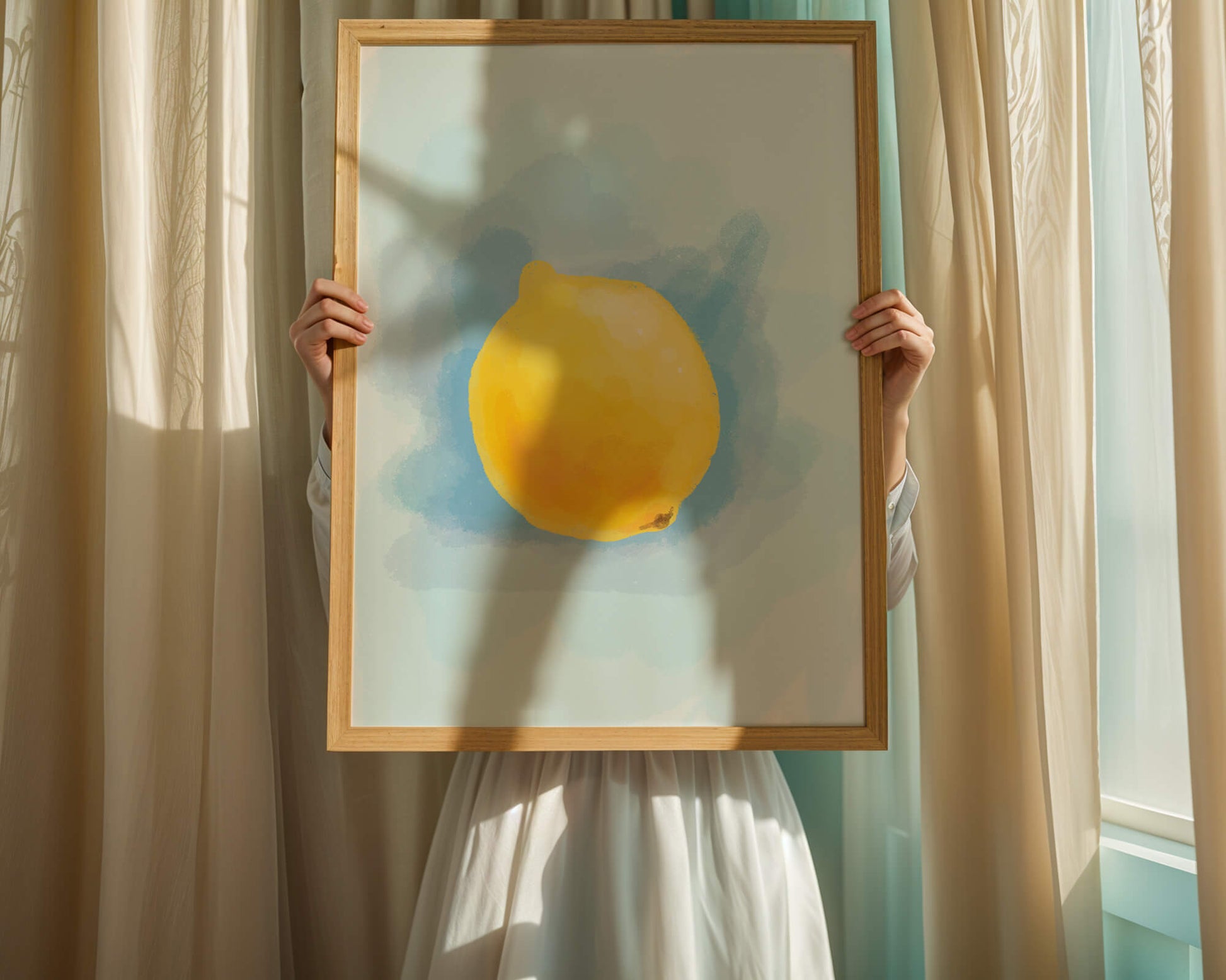 Watercolor artwork of a lemon on a blue background