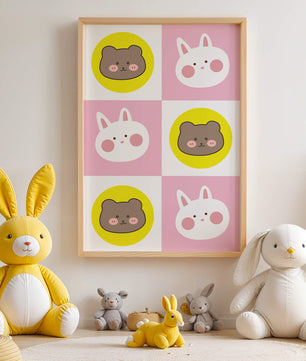 Diseño de patrones de animales juguetones con caras de osos y conejos en colores pastel