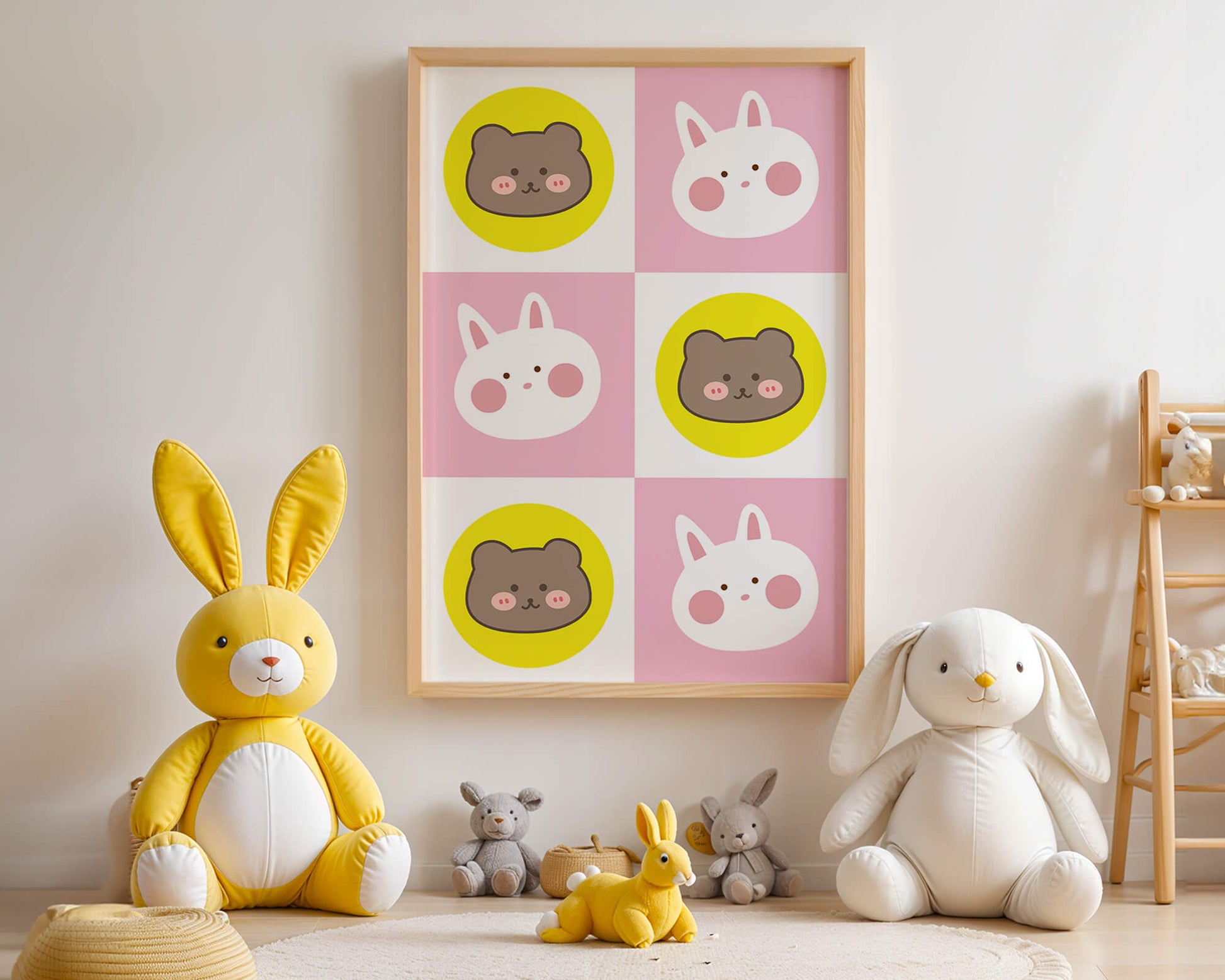 Diseño de patrones de animales juguetones con caras de osos y conejos en colores pastel