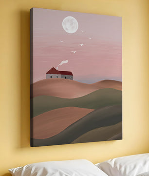House On Pink Hill Under Full Moon
