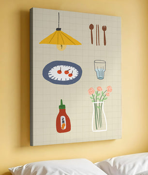 Artículos de cocina ilustrados que incluyen lámpara, utensilios y flores