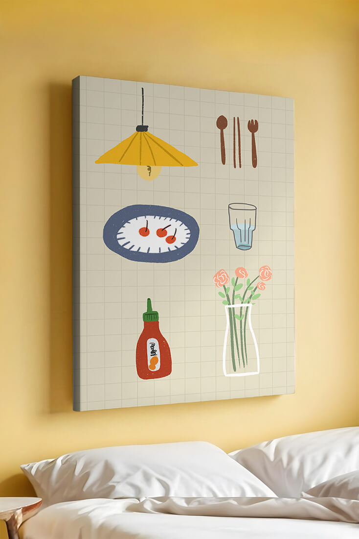 Artículos de cocina ilustrados que incluyen lámpara, utensilios y flores