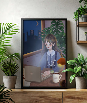 Cozy Evening Work from Home Setting with Laptop and Coffee
