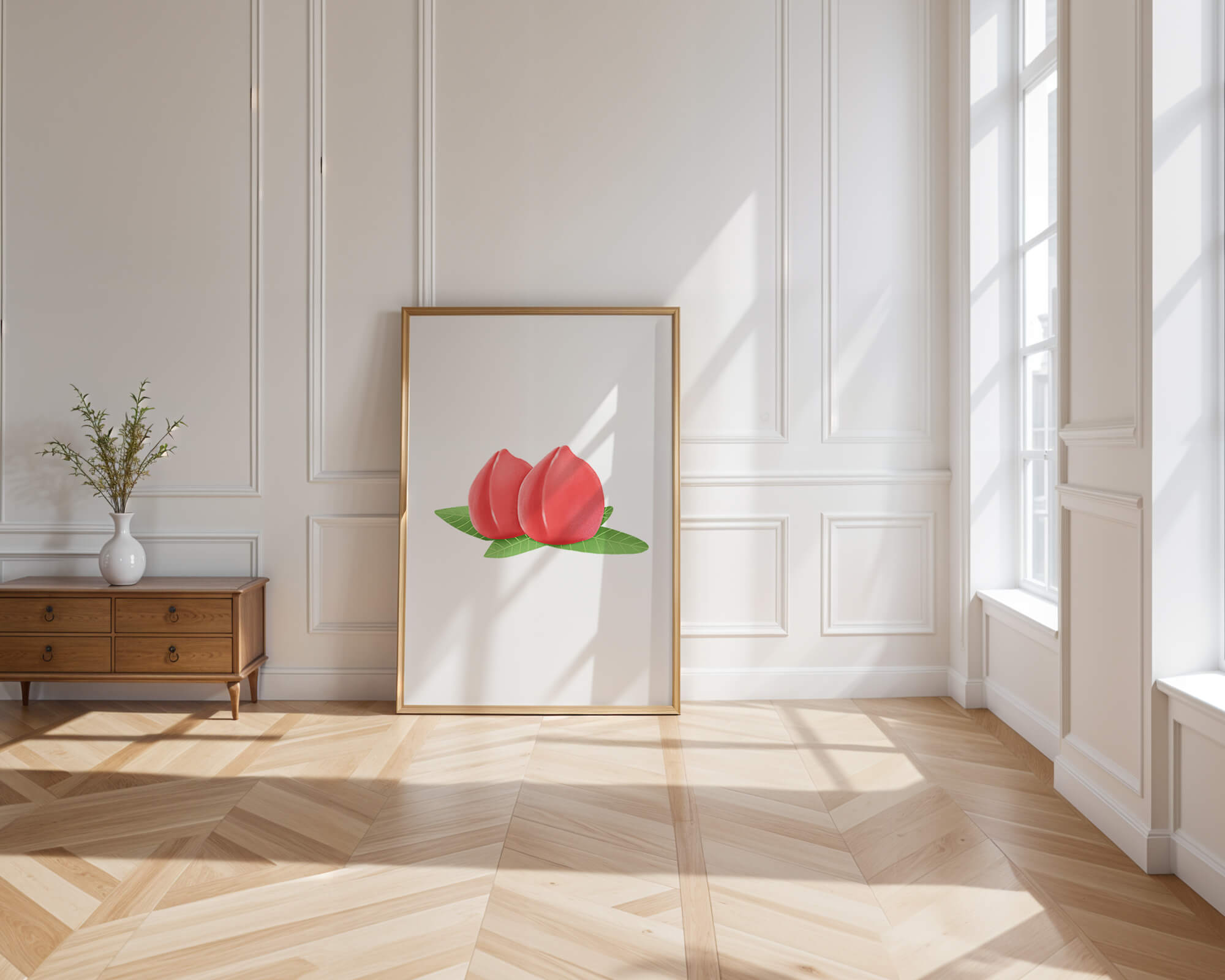 Realistic illustration of juicy peaches with green leaves