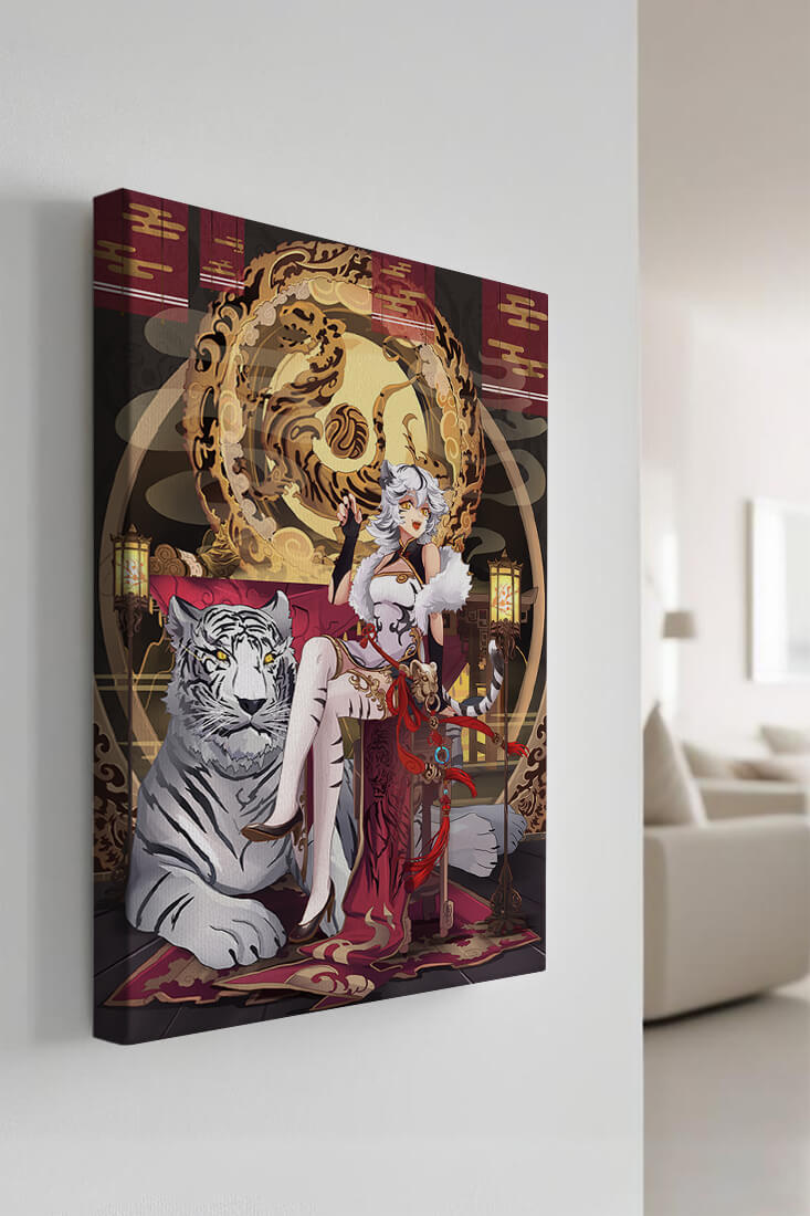 Elegant fantasy character with mystical tiger and ornate decor