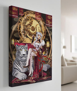Elegant fantasy character with mystical tiger and ornate decor