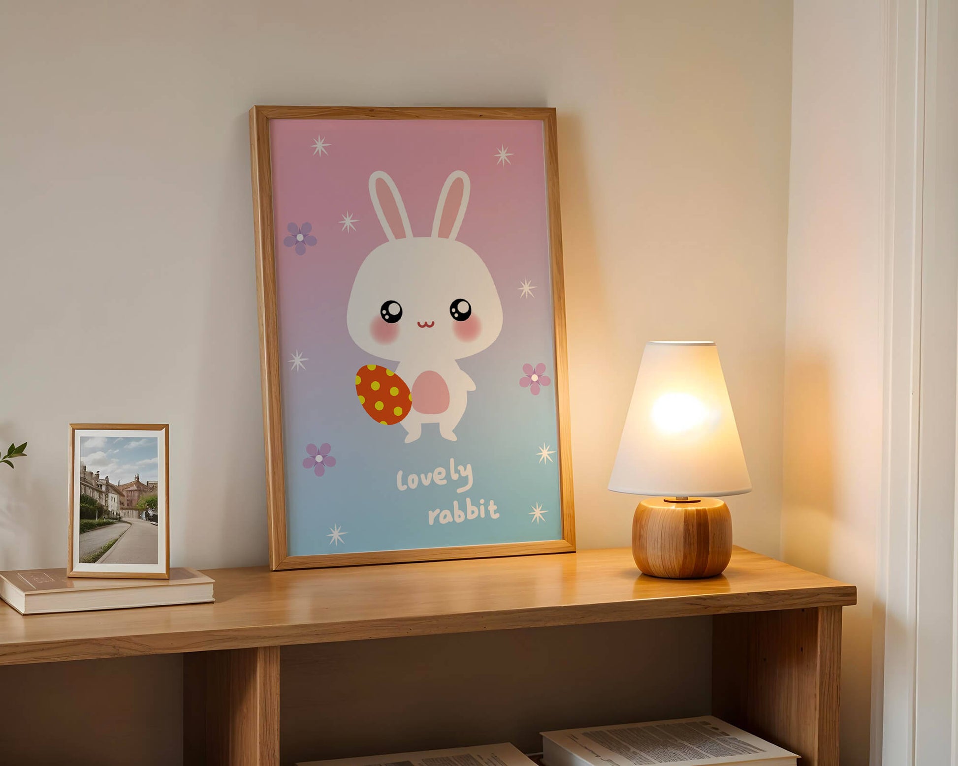 Adorable rabbit illustration with a colorful egg on a pastel background