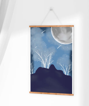 Paysage nocturne d'hiver avec arbres nus et pleine lune