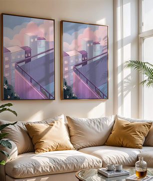 Urban Pastel Scene with Buildings and Pink Clouds