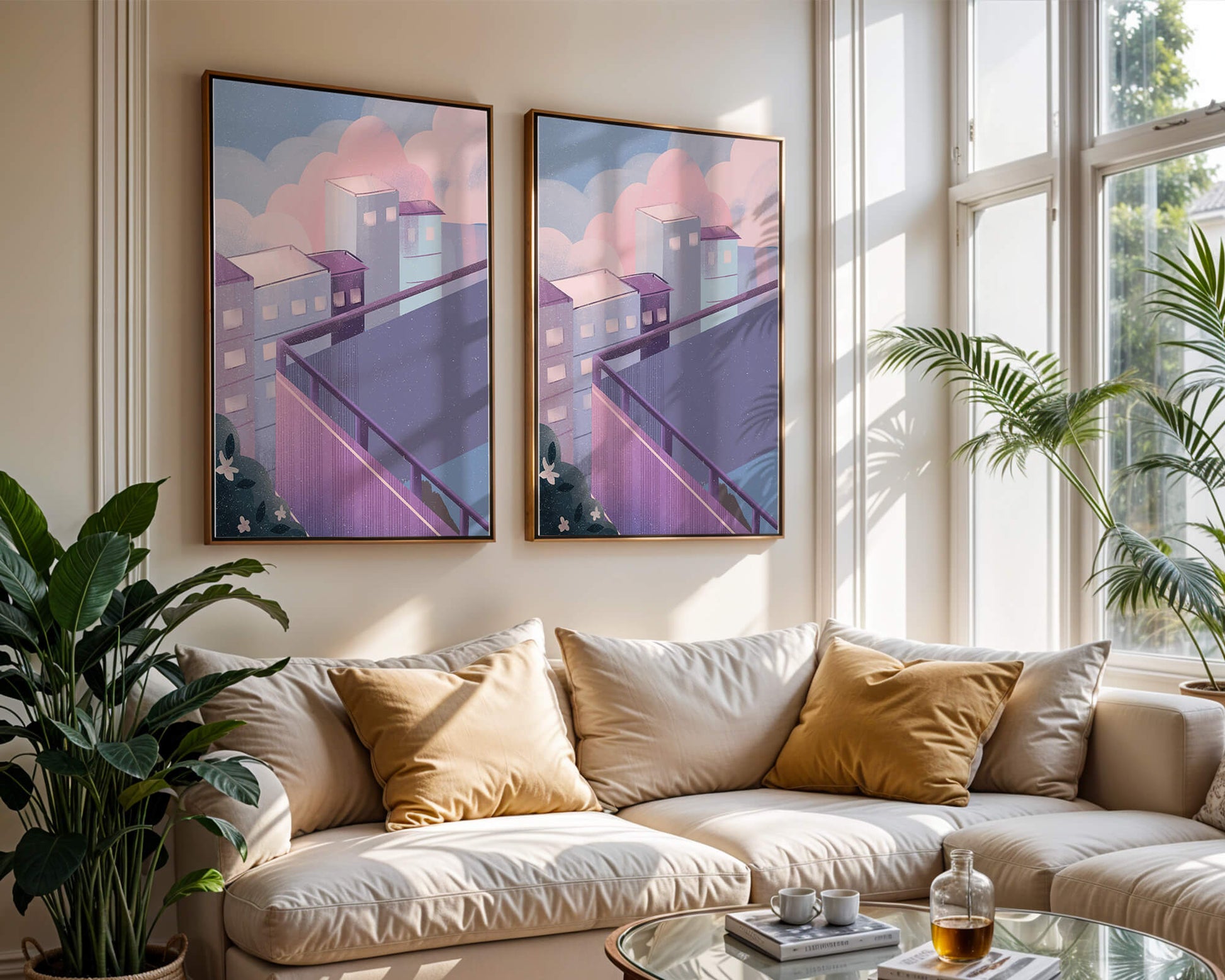 Urban Pastel Scene with Buildings and Pink Clouds