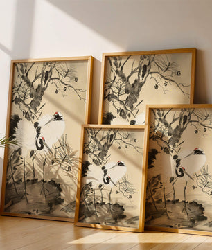 Traditional Japanese Painting of Cranes with Pine Tree and Gold Details