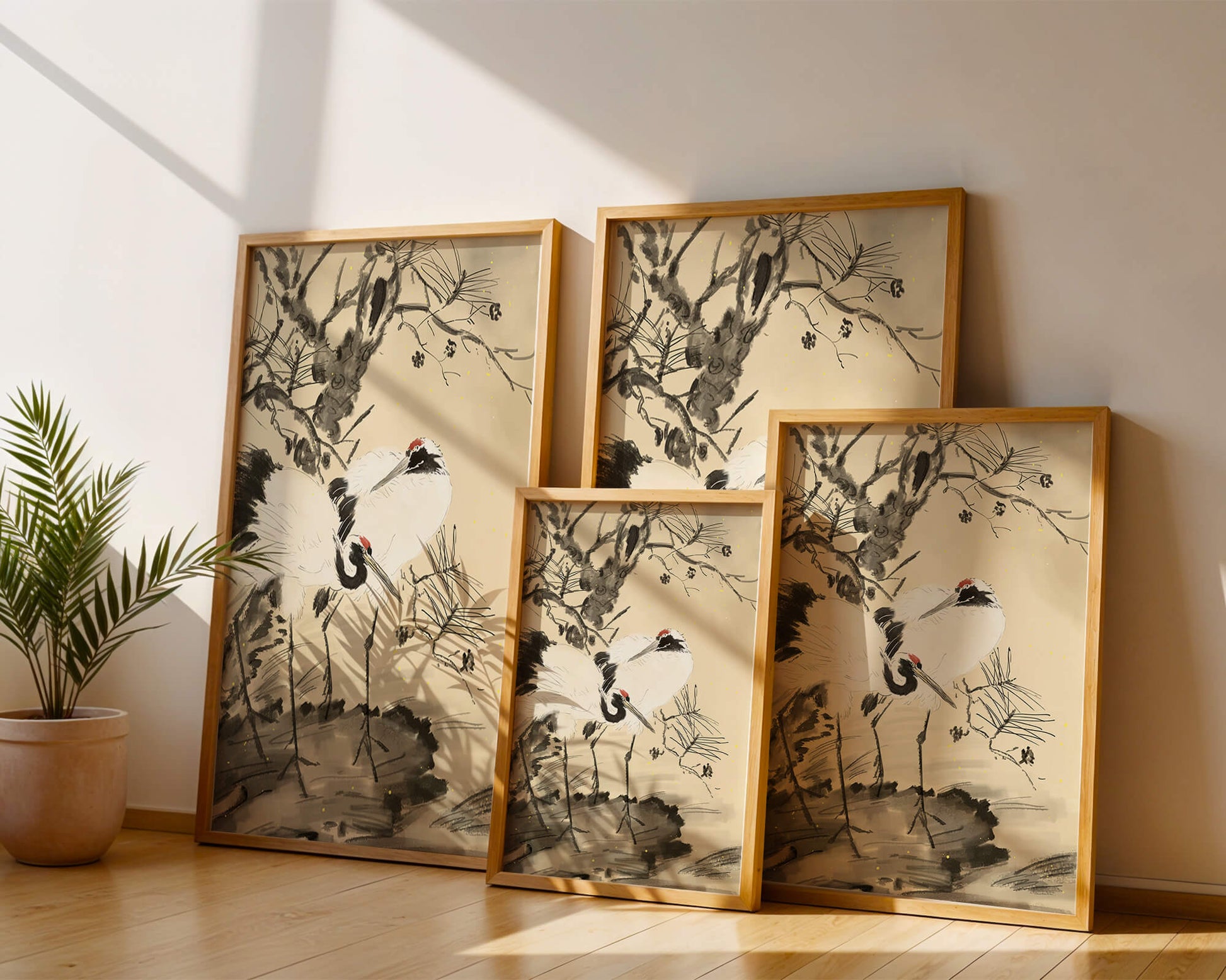 Pintura tradicional japonesa de grullas con pino y detalles dorados