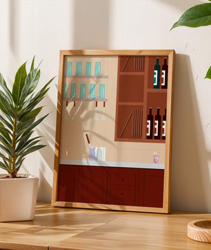 Interior de cocina moderna con gabinetes de madera y estantes de vidrio