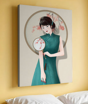 Elegante Illustration einer Frau in traditioneller Kleidung mit einem Fächer mit Kirschblüten
