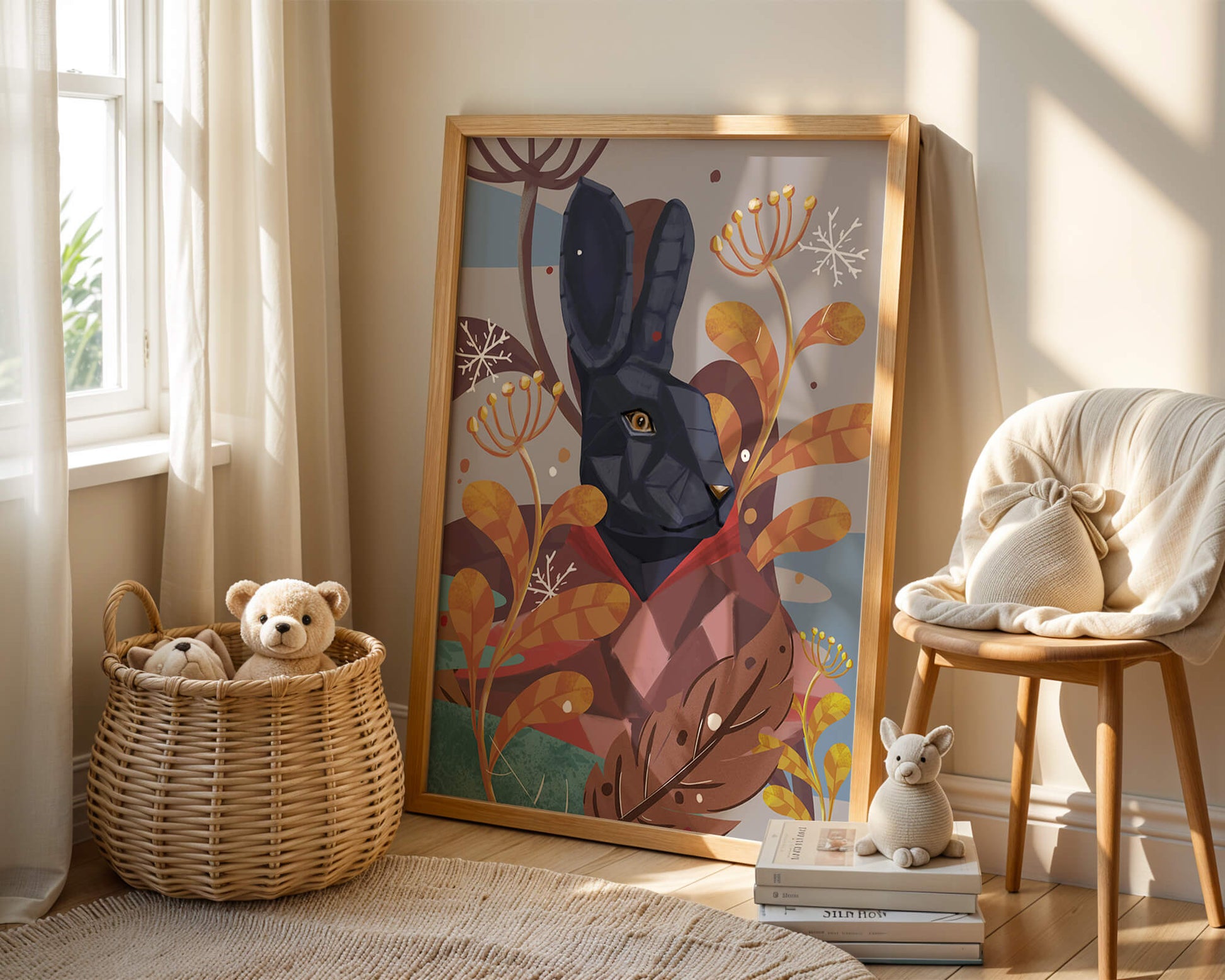 Abstract geometric rabbit in a vibrant autumn floral setting