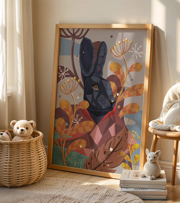 Abstract geometric rabbit in a vibrant autumn floral setting