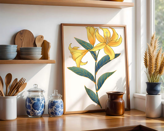 Elegant golden lily illustration with intricate leaf details