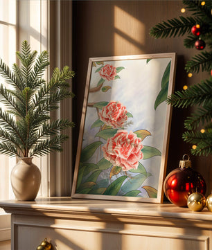 Illustrated pink carnations with green leaves in serene botanical art